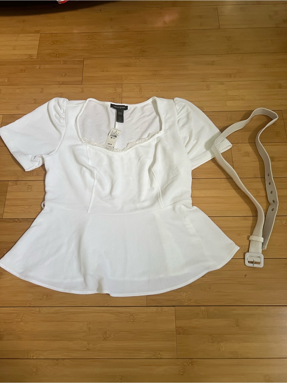 Ashley Stewart White Peplum Lace-Trim Top